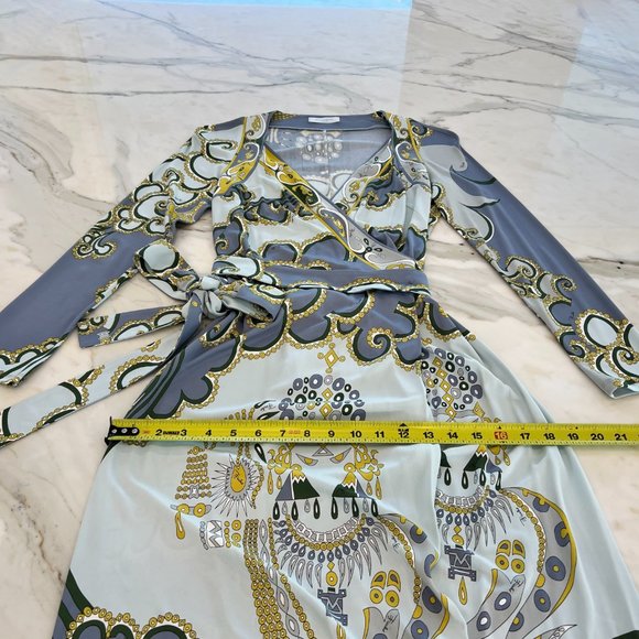 EMILIO PUCCI BLUE GRAY PRINT WRAP DRESS SIZE MODEL 66RH11 IT 42 / US 8 NWOTS! - Picture 8 of 13